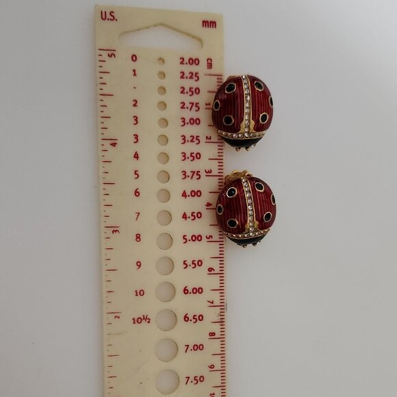 MULTILANA SIGNED VINTAGE LADY BUGS ENAMEL CLIP EAR RINGS WITH CLEAR RHINESTONES - Picture 8 of 8